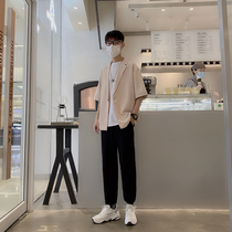 (Suit)Muzi brother short-sleeved suit mens five-point sleeve ruffian handsome jacket fried street port wind summer casual suit