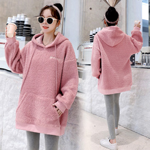 Pregnant womens autumn and winter suits large size hooded pullover clothes womens loose medium length plus velvet topped jacket
