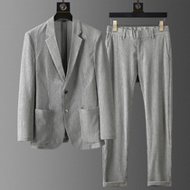 Summer Tencel light suit suit Pleated elastic free ironing High-end casual slim mens two-piece suit