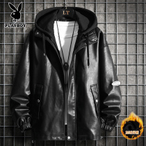 Playboy fake two-piece motorcycle leather men's autumn and winter plus velvet padded leather jacket 2021 new winter coat