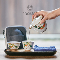 Qifengju Ru kiln kung fu travel tea set fast guest cup small set carrying case portable one pot two cups single bubble