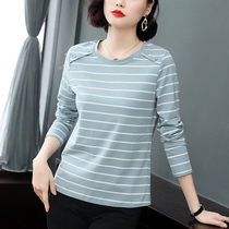Cotton base shirt long sleeve T-shirt women loose spring and autumn 30-40 years old middle-aged mother dress striped shirt cotton shirt