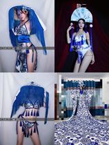 Mid-Autumn Festival blue and white porcelain Chinese style opera fan headdress bar Ds lead dance GoGo dance team sexy female costume