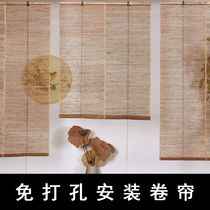 Balcony curtains Free hole installation shading sunscreen Roll-pull Ramie roll-up bay window occlusion curtain Bamboo curtain partition