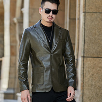 Leather leather men casual handsome popular logo sheep leather suit jacket thin slim overcoat large mens clothing