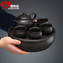 Kangle product purple sand black mud Chaoshan tea set set water storage tea tray 1500ml ceramic purple clay teapot four cups Home Office