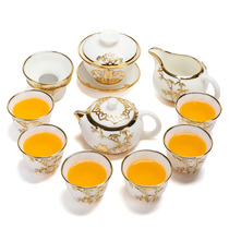 Kangle product gold inlaid jade ceramic white porcelain teapot Cup Cover bowl set of office kung fu tea set household wooden box