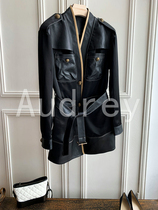 21 new autumn Italian sheepskin stitching belt V-collar long black four-pocket leather jacket women
