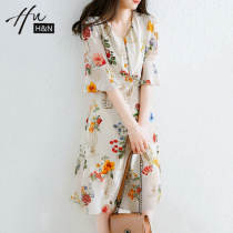 French little man silk mulberry silk dress womens summer 2021 new high-end drawstring printing temperament small skirt