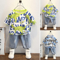 Boy short sleeve suit cartoon child summer clothing denim shorts male child foreign air new 2022 tide baby t-shirt