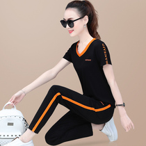 Summer casual V-neck short-sleeved sportswear suit womens 2021 new fashion large size thin loose two-piece set