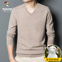 Woodpecker Men 100 Pure Wool Knitted Sweater Spring and Autumn Casual Mens V-neck Sweater Middle-aged Pure Color Sweater Men