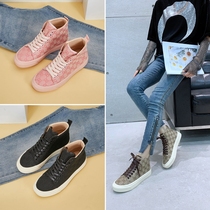 European station leather high-top shoes lace-up retro printing canvas plaid thick soleplate shoes plus velvet heightening booties womens trend