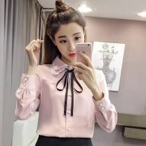 Chiffon shirt womens long sleeve autumn and winter clothes 2020 new Korean version of loose bow shirt plus velvet bottoming top