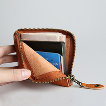 Original Retro Handmade Men Short wallet genuine leather slim leather wallet horizontal zipped with zip zero wallet lettering
