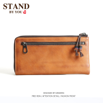 Original handmade retro mens genuine leather length purse Bull Leather Handbag youth zipped money clip Soft leather clip womens bag