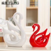 Home decoration crafts wedding gifts ceramic creative living room TV cabinet ornaments with modern white red swan