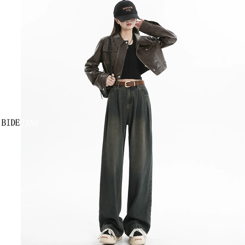 Джинсы, ретро приталенные штаны, 2023, в американском стиле, свободный прямой крой