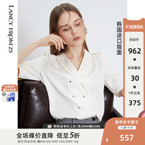 Langzi 2021 summer new silk light embroidery V-neck bubble sleeve white shirt female Korean imported satin