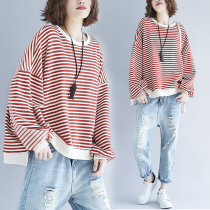 Large size womens clothing fat mm200 pounds striped sweater Western style autumn and winter cover belly thin loose Korean long-sleeved top