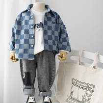 Boys denim shirt 2022 new children foreign air plaid shirt baby mid-boy blouse Chauded street boy clothing