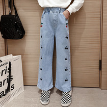 Korean Girl Cherry Jeans Foreign Air 2022 Spring New CUHK Child High Waist Casual Broadlegged Pants 100 Hitch