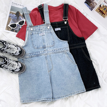 RENA Japanese bright line retro tooling style small man high waist loose thin denim strap five-point jumpsuit