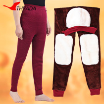 Middle-aged and elderly warm pants womens high waist winter thickening plus velvet plus fat size Rex rabbit hair knee hem pants elderly cotton pants