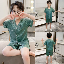 Childrens clothing boys pajamas summer ice silk short sleeves set housewear silk thin summer middle school children air conditioning suit