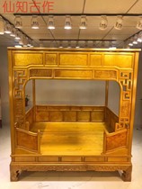 High-end fairy ancient works Sichuan golden nanmu double moon shelf double bed gold Nanan antique wedding bed solid wood bed bed