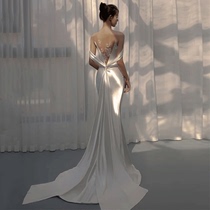 Satin fishtail wedding dress 2021 new temperament French light tail simple go out yarn halter forest super fairy dress