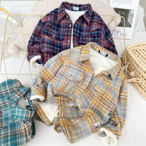 Childrens winter cotton plus velvet shirt 2021 autumn and winter new boys in the big children double-layer thick plaid shirt tide