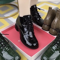 2021 Fall New Lacing Crude Heel Boots Green Lacquered Leather Women Shoes Soft Bottom Heel Short Boots Genuine Leather Mom Shoes