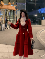 2021 autumn and winter new double-sided wool woolen coat womens long waist Hepburn wind red cashmere coat tide