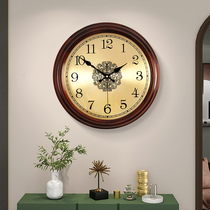 Wall clock living room round clock European style household quartz clock solid wood home fashion wall light luxury fashion large Wall watch