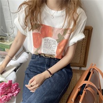 Pure cotton short sleeve white T-shirt women 2021 summer new design sense loose milk orange print half sleeve top