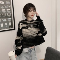 Black tie-dyed long sleeve T-shirt womens spring and autumn clothes 2021 New loose Korean version of hatless sweater short top ins tide