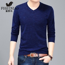 Rich bird spring mens thin silk cardigan Young and middle-aged mens V-neck pullover long-sleeved knitted base t-shirt