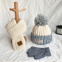 Childrens hat scarf autumn and winter baby warm plus velvet wool hat gloves three-piece set for boys and girls knitted hat