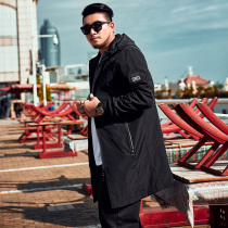 Tide fat man windbreaker Spring and Autumn plus size jacket long fat fat loose hooded overcoat