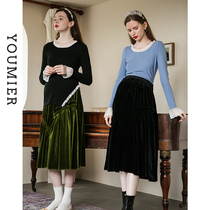 Umier Pregnancy Woman Dress Spring Dress New Pregnant Woman Long Sleeve T-Shirt Open Fork Pregnant Woman Blouse Lace Splicing Undershirt