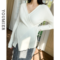 Youmier maternity clothing 2021 Autumn New Fashion pregnant women sweater short vneck cross knitted lactating coat