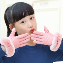 Childrens gloves autumn and winter girls warm plus velvet thick leather five fingers