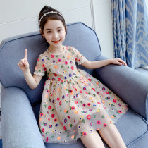 Korean girls floral dress summer 2021 new style in the big child princess dress mesh short-sleeved skirt tide