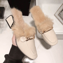 Summer Mao Mao Mao slippers Baotou half slippers Women autumn and winter wear 2021 New middle heel high heel Muller shoes ins tide