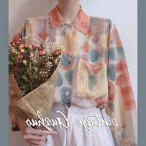 Vintage shirt womens summer new design sense niche oil painting print Japanese retro loose lapel port wind top