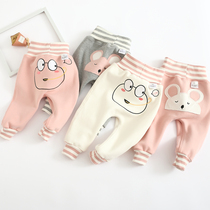 Boys and girls with velvet big pp pants for infants wearing cotton high waist belly autumn and winter thin velvet 2 butt pants 0-3