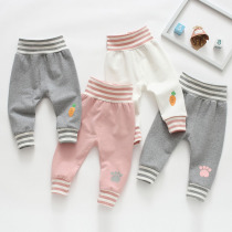 Spring autumn baby High waist protection belly pure cotton single pants baby outside wearing open gear big fart beating bottom Harlan pants male and female pp