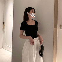 Black t-shirt 2021 new French chic design sense niche chic thin short-sleeved clavicle square collar top women