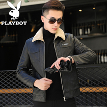 Playboy fur one mens leather jacket plus velvet padded puck handsome jacket autumn winter leather jacket mens tide